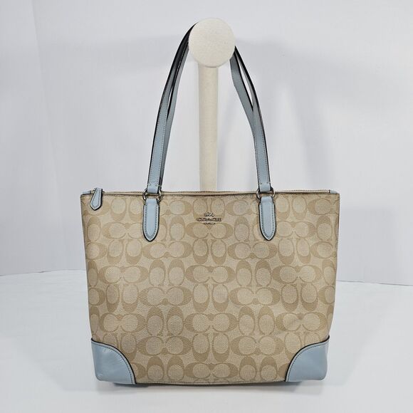 Coach Signature Zip Top Tote SV/Light Khaki Pale Blue #29208, Leather Trim - Picture 1 of 10